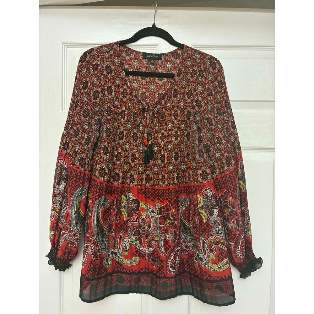 Melissa Paige XL Boho Paisley Blouse Tassel Tie Peasant Top Red Black Women